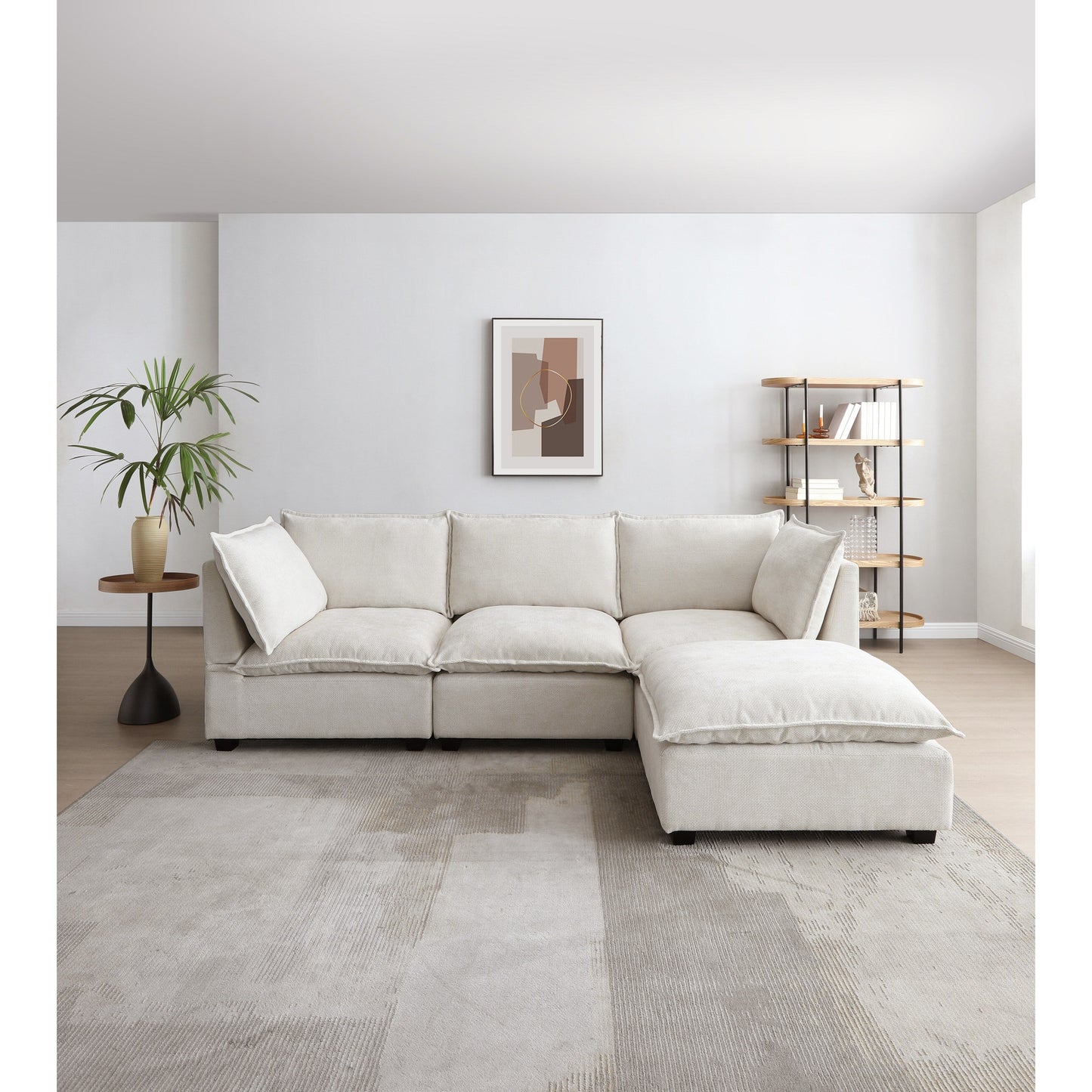 Modular L-Shape Linen Sectional Sofa with Reversible Ottoman, Soft Duck Down Cushions, Perfect for Living Room or Office