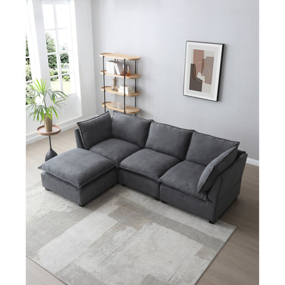 Modular L-Shape Linen Sectional Sofa with Reversible Ottoman, Soft Duck Down Cushions, Perfect for Living Room or Office