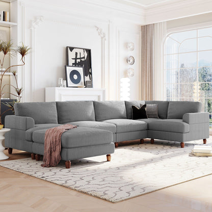 Modular L-Shaped Corduroy 6-Seater Sectional Sofa with Ottoman and Wooden Legs for Living Room Office