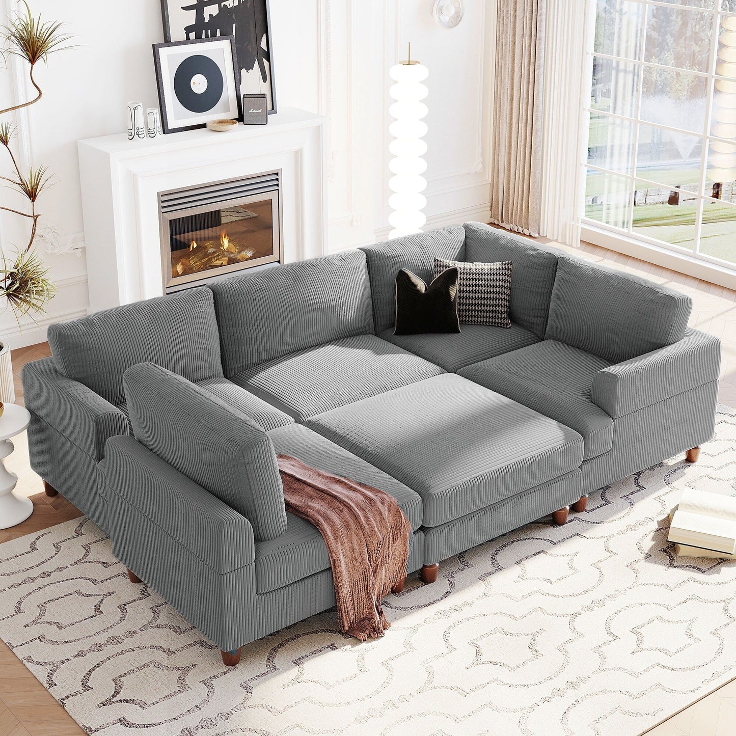 Modular L-Shaped Corduroy 6-Seater Sectional Sofa with Ottoman and Wooden Legs for Living Room Office
