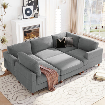 Modular L-Shaped Corduroy 6-Seater Sectional Sofa with Ottoman and Wooden Legs for Living Room Office