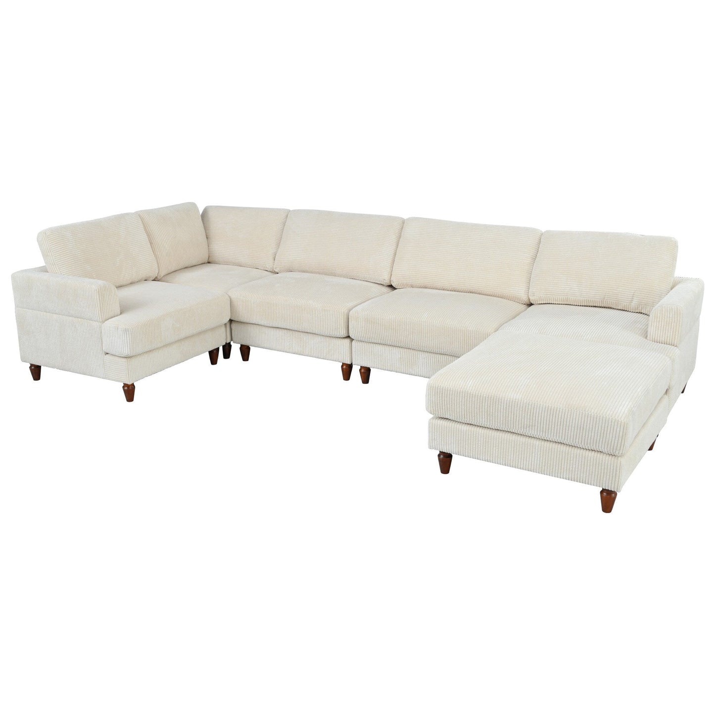Modular L-Shaped Corduroy 6-Seater Sectional Sofa with Ottoman and Wooden Legs for Living Room Office