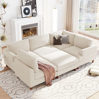 Modular L-Shaped Corduroy 6-Seater Sectional Sofa with Ottoman and Wooden Legs for Living Room Office