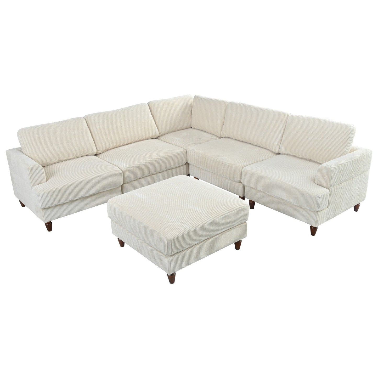 Modular L-Shaped Corduroy 6-Seater Sectional Sofa with Ottoman and Wooden Legs for Living Room Office