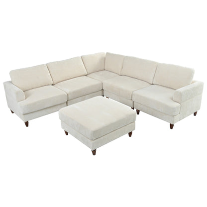 Modular L-Shaped Corduroy 6-Seater Sectional Sofa with Ottoman and Wooden Legs for Living Room Office