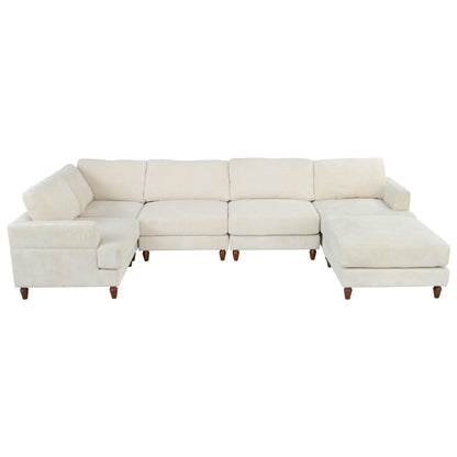 Modular L-Shaped Corduroy 6-Seater Sectional Sofa with Ottoman and Wooden Legs for Living Room Office