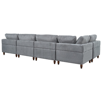Modular L-Shaped Corduroy 6-Seater Sectional Sofa with Ottoman and Wooden Legs for Living Room Office
