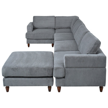 Modular L-Shaped Corduroy 6-Seater Sectional Sofa with Ottoman and Wooden Legs for Living Room Office