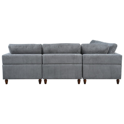 Modular L-Shaped Corduroy 6-Seater Sectional Sofa with Ottoman and Wooden Legs for Living Room Office