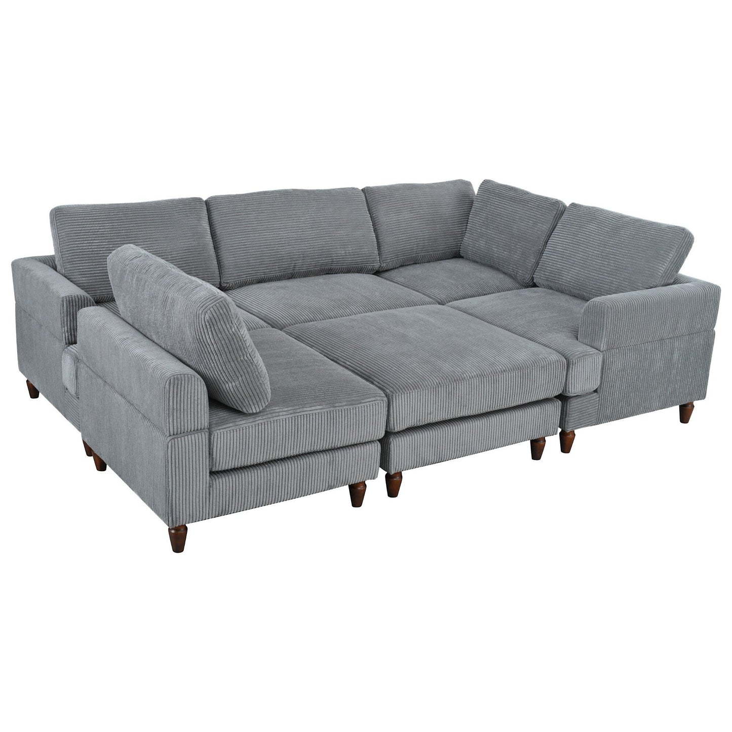 Modular L-Shaped Corduroy 6-Seater Sectional Sofa with Ottoman and Wooden Legs for Living Room Office