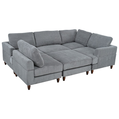 Modular L-Shaped Corduroy 6-Seater Sectional Sofa with Ottoman and Wooden Legs for Living Room Office
