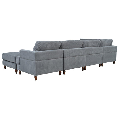 Modular L-Shaped Corduroy 6-Seater Sectional Sofa with Ottoman and Wooden Legs for Living Room Office