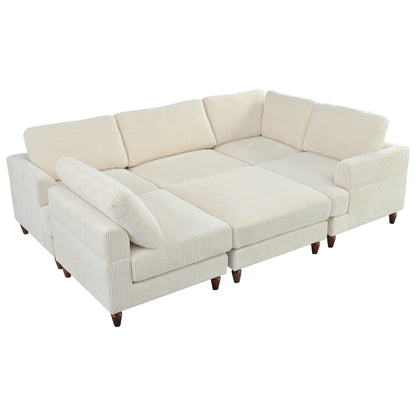 Modular L-Shaped Corduroy 6-Seater Sectional Sofa with Ottoman and Wooden Legs for Living Room Office