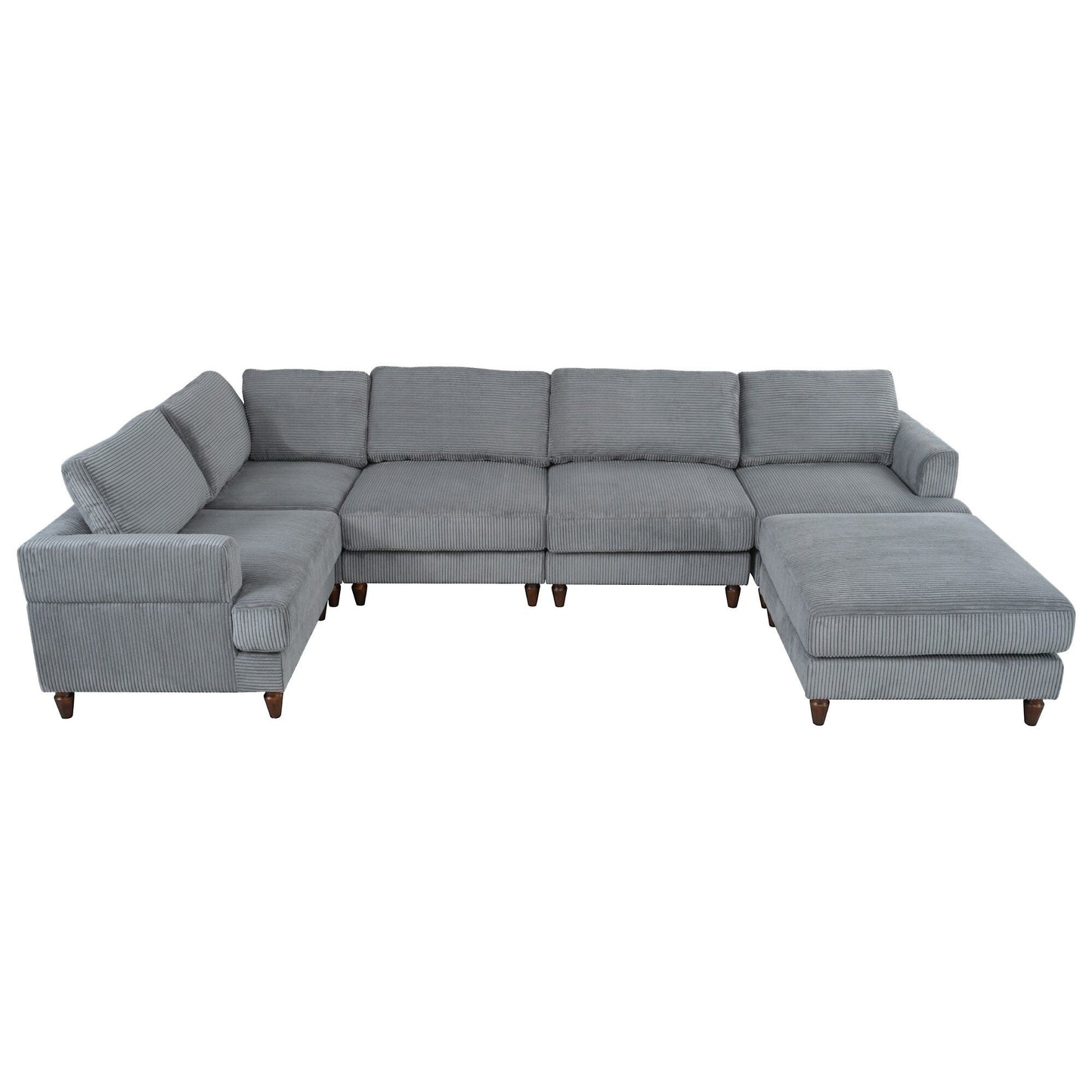 Modular L-Shaped Corduroy 6-Seater Sectional Sofa with Ottoman and Wooden Legs for Living Room Office