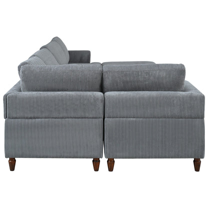 Modular L-Shaped Corduroy 6-Seater Sectional Sofa with Ottoman and Wooden Legs for Living Room Office