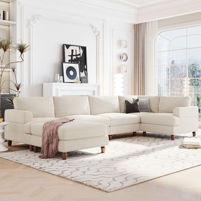 Modular L-Shaped Corduroy 6-Seater Sectional Sofa with Ottoman and Wooden Legs for Living Room Office