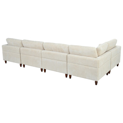 Modular L-Shaped Corduroy 6-Seater Sectional Sofa with Ottoman and Wooden Legs for Living Room Office