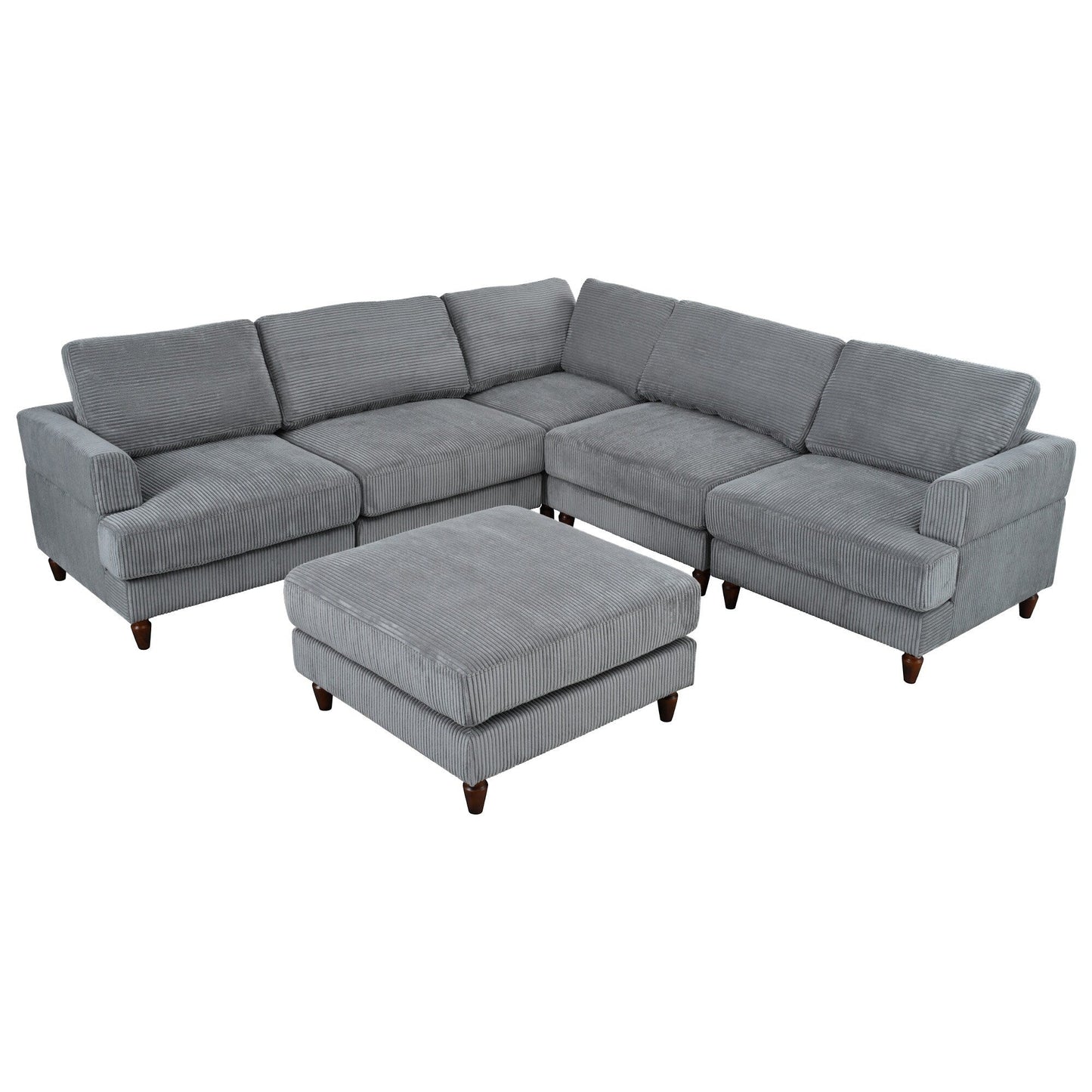 Modular L-Shaped Corduroy 6-Seater Sectional Sofa with Ottoman and Wooden Legs for Living Room Office