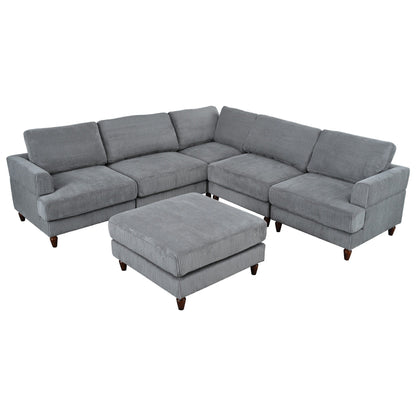 Modular L-Shaped Corduroy 6-Seater Sectional Sofa with Ottoman and Wooden Legs for Living Room Office