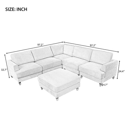 Modular L-Shaped Corduroy 6-Seater Sectional Sofa with Ottoman and Wooden Legs for Living Room Office