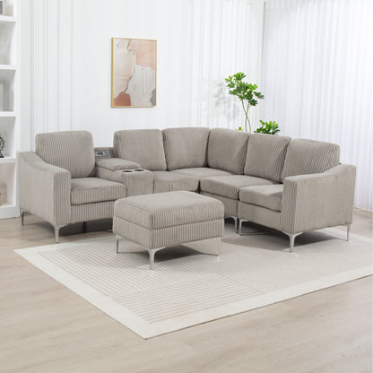 Modular L-Shaped Corduroy Sectional Sofa with USB Ports, Storage Ottoman and Cup Holders for Living Room Apartment