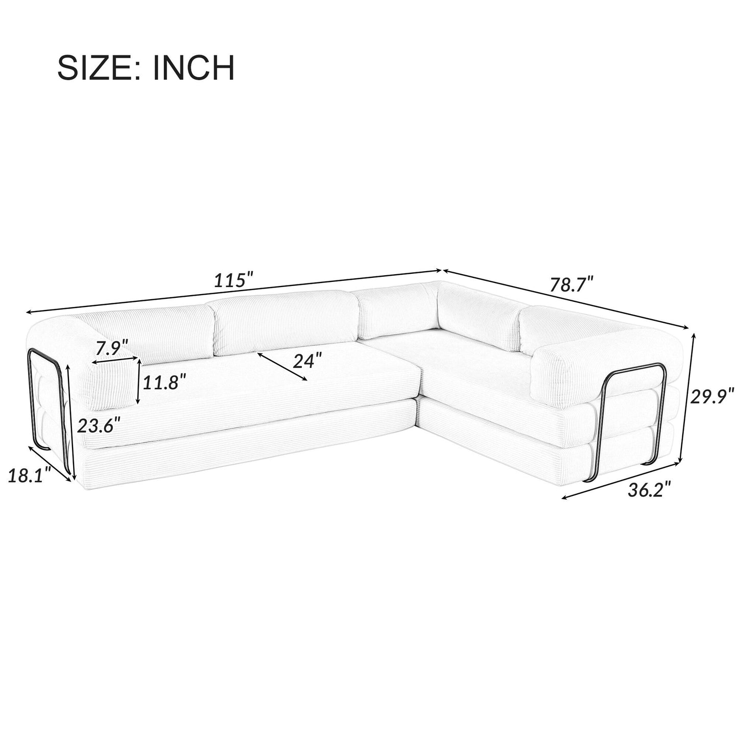 Modular L-Shaped Corduroy Sofa Bed Convertible Sectional 4-Seat Sofa with Wedge Cushions For Living Room Apartment