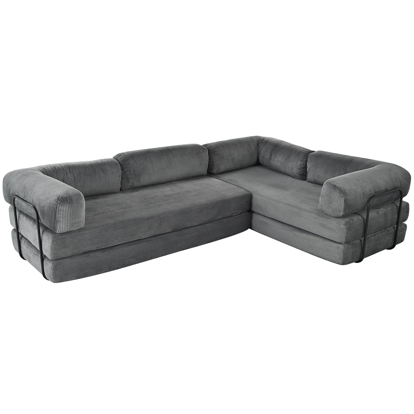 Modular L-Shaped Corduroy Sofa Bed Convertible Sectional 4-Seat Sofa with Wedge Cushions For Living Room Apartment