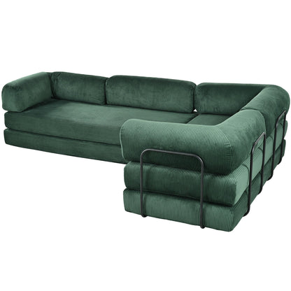 Modular L-Shaped Corduroy Sofa Bed Convertible Sectional 4-Seat Sofa with Wedge Cushions For Living Room Apartment
