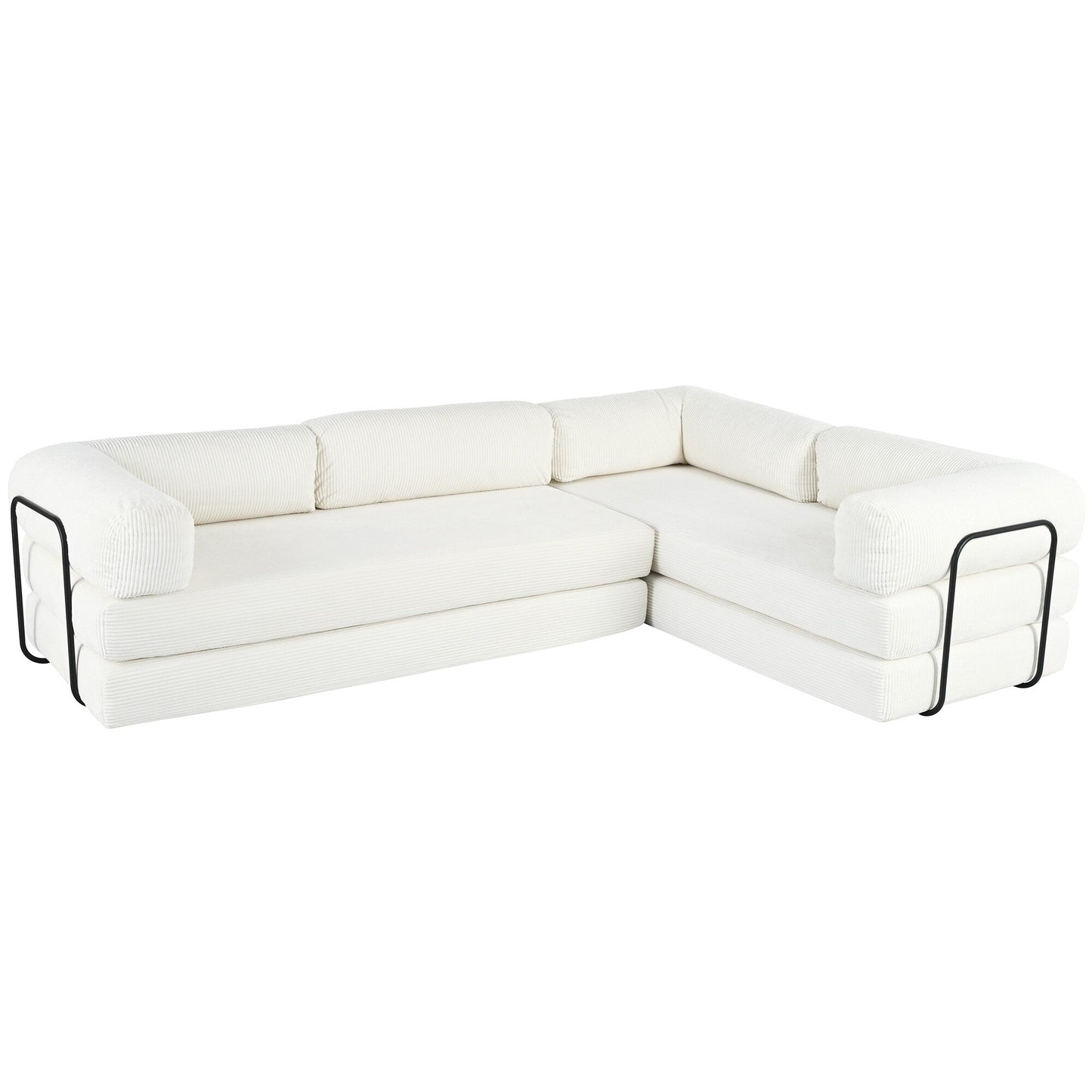 Modular L-Shaped Corduroy Sofa Bed Convertible Sectional 4-Seat Sofa with Wedge Cushions For Living Room Apartment