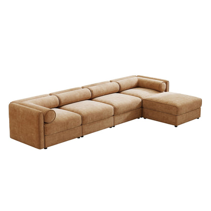 Modular Sectional Sofa with Storage, Cylindrical Backrest and Armrests Deep Comfortable Seating, 4 Seat L- Shaped Sofa