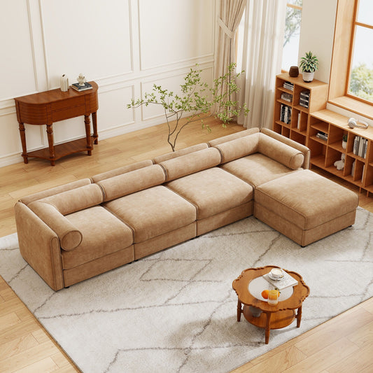 Modular Sectional Sofa with Storage, Cylindrical Backrest and Armrests Deep Comfortable Seating, 4 Seat L- Shaped Sofa
