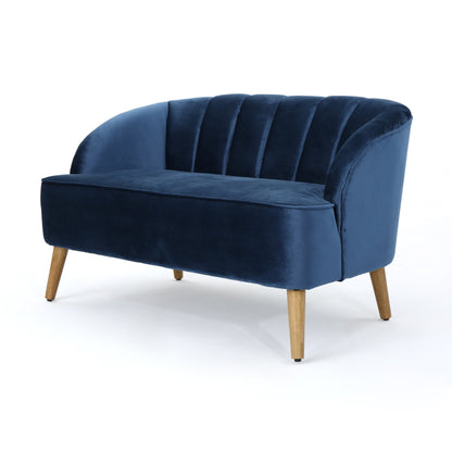 Navy Blue 50 Velvet Loveseat Sofa with Birch Wood Frame and Angled Birch Wood Legs for Living Room