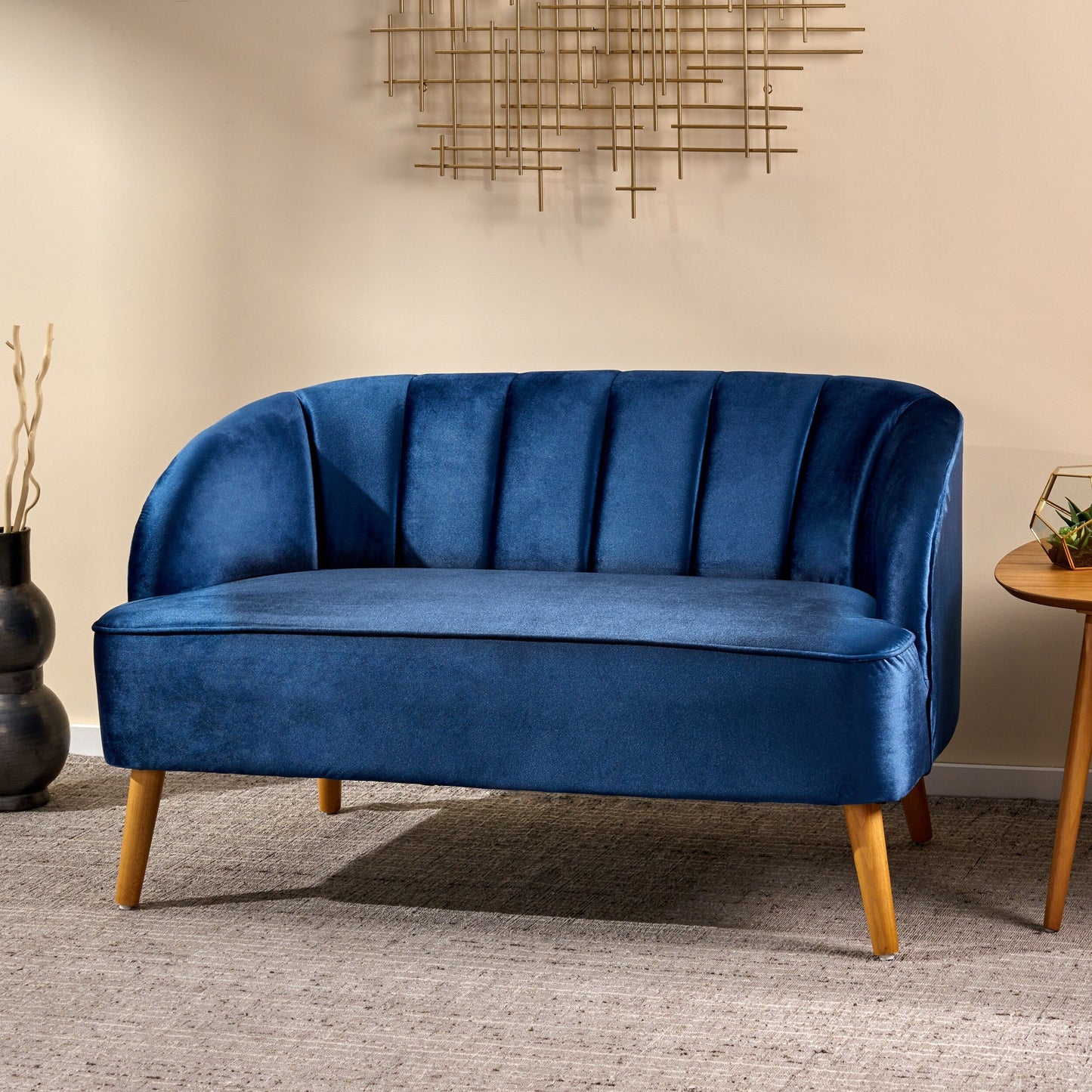 Navy Blue 50 Velvet Loveseat Sofa with Birch Wood Frame and Angled Birch Wood Legs for Living Room