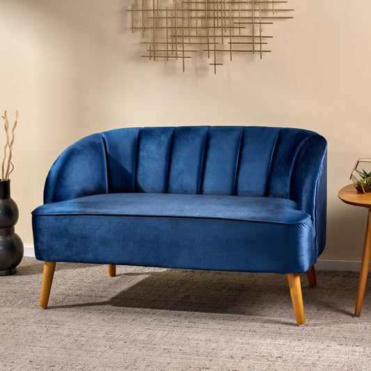 Navy Blue 50 Velvet Loveseat Sofa with Birch Wood Frame and Angled Birch Wood Legs for Living Room