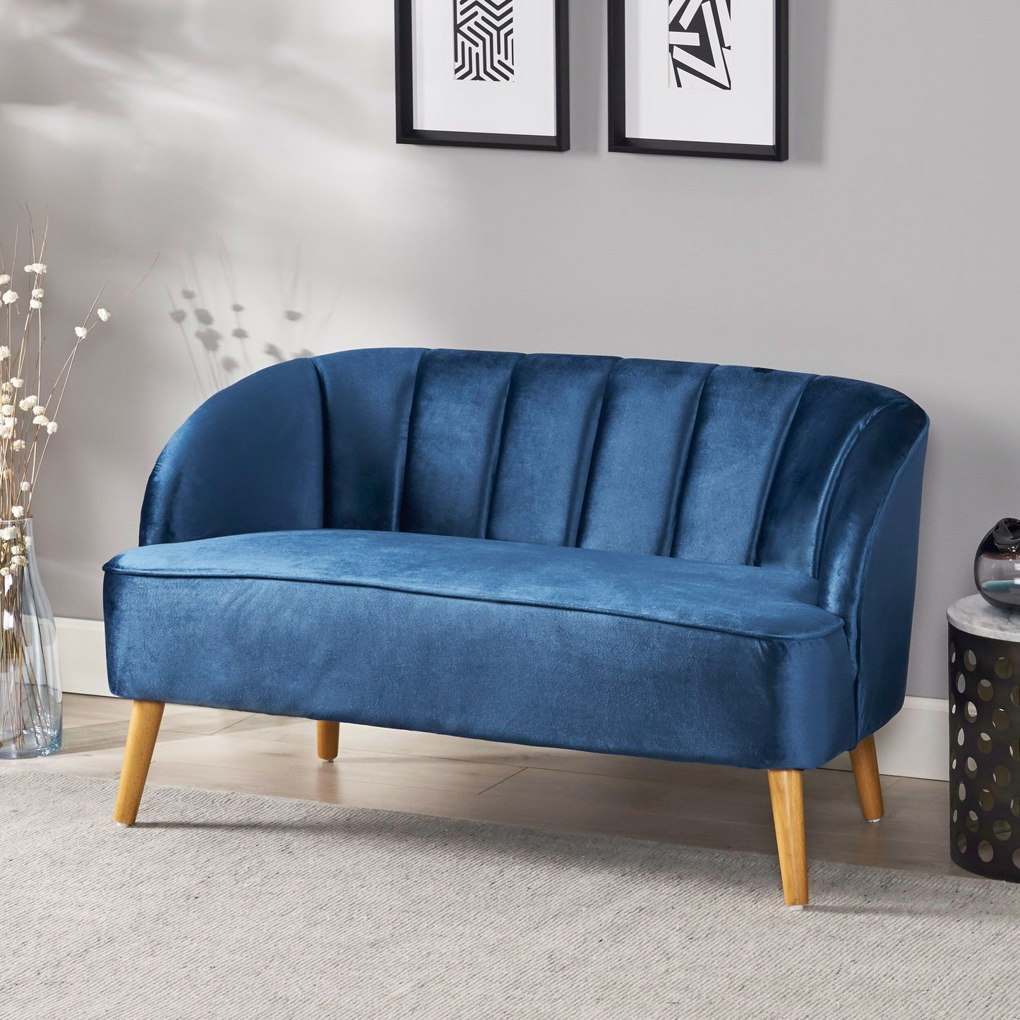Navy Blue 50 Velvet Loveseat Sofa with Birch Wood Frame and Angled Birch Wood Legs for Living Room