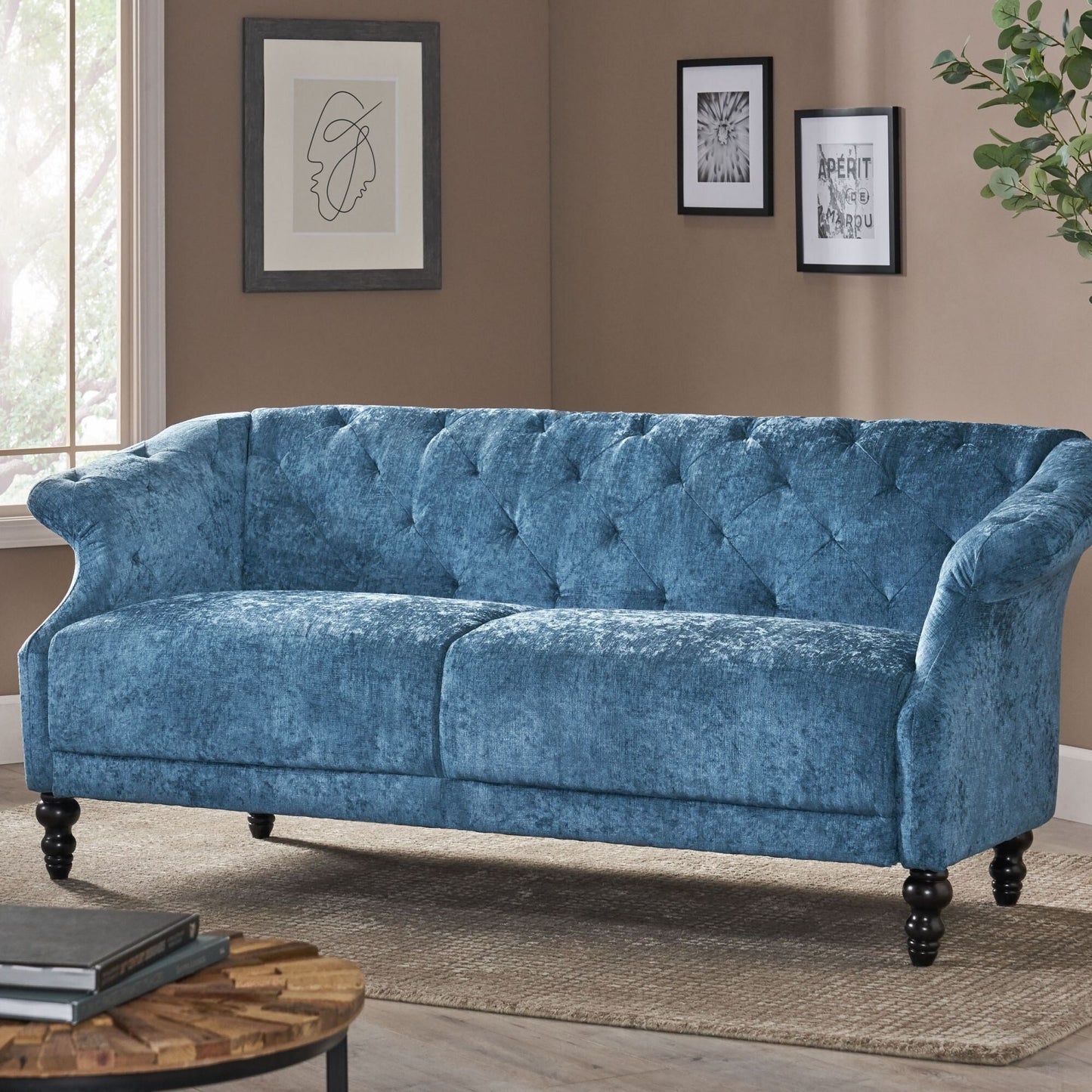 Navy Blue 75 Velvet Loveseat Flared Arms Tufted Sofa with Deep Seat and Wood Legs for Living Room
