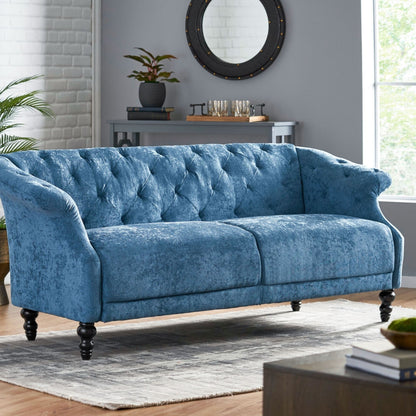 Navy Blue 75 Velvet Loveseat Flared Arms Tufted Sofa with Deep Seat and Wood Legs for Living Room