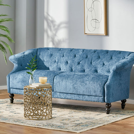 Navy Blue 75 Velvet Loveseat Flared Arms Tufted Sofa with Deep Seat and Wood Legs for Living Room