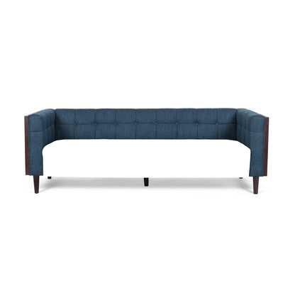 Navy Blue Button Tufted 3-seater Sofa with Wood Legs