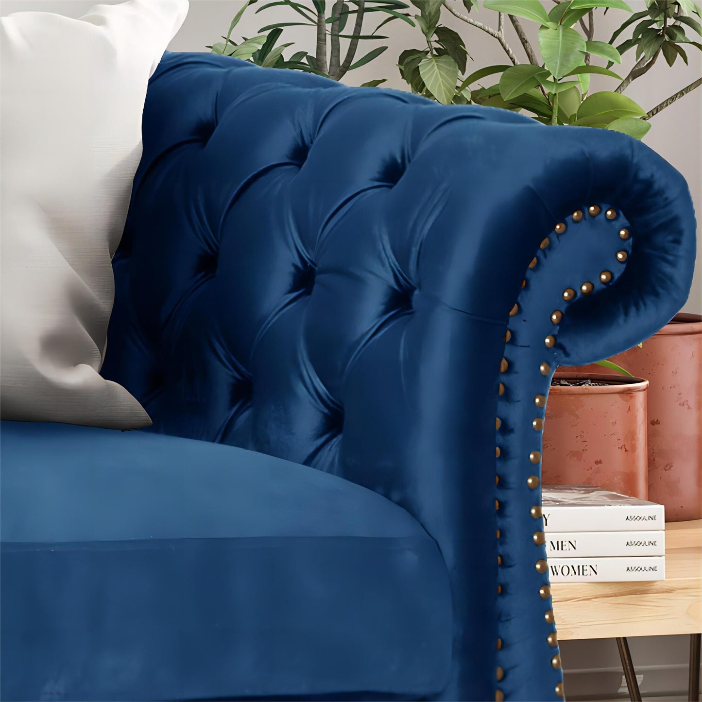 Navy Blue Chesterfield 84.75 Button Tufted Upholstered 3-seater Sofa with Nailheads and Wood Legs for Living Room