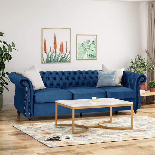 Navy Blue Chesterfield 84.75 Button Tufted Upholstered 3-seater Sofa with Nailheads and Wood Legs for Living Room