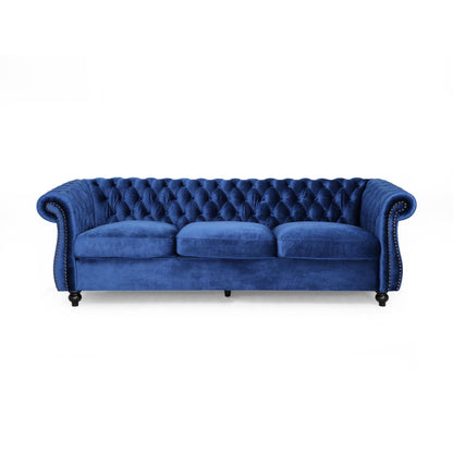 Navy Blue Chesterfield 84.75 Button Tufted Upholstered 3-seater Sofa with Nailheads and Wood Legs for Living Room