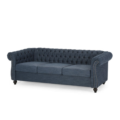 Navy Blue Chesterfield 84.75 Button Tufted Upholstered 3-seater Sofa with Nailheads and Wood Legs