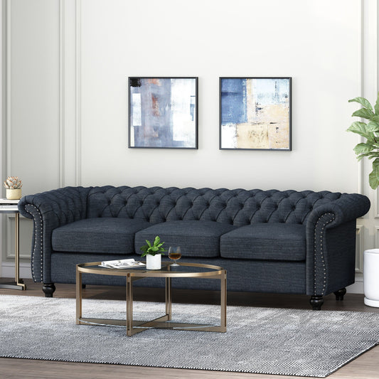 Navy Blue Chesterfield 84.75 Button Tufted Upholstered 3-seater Sofa with Nailheads and Wood Legs