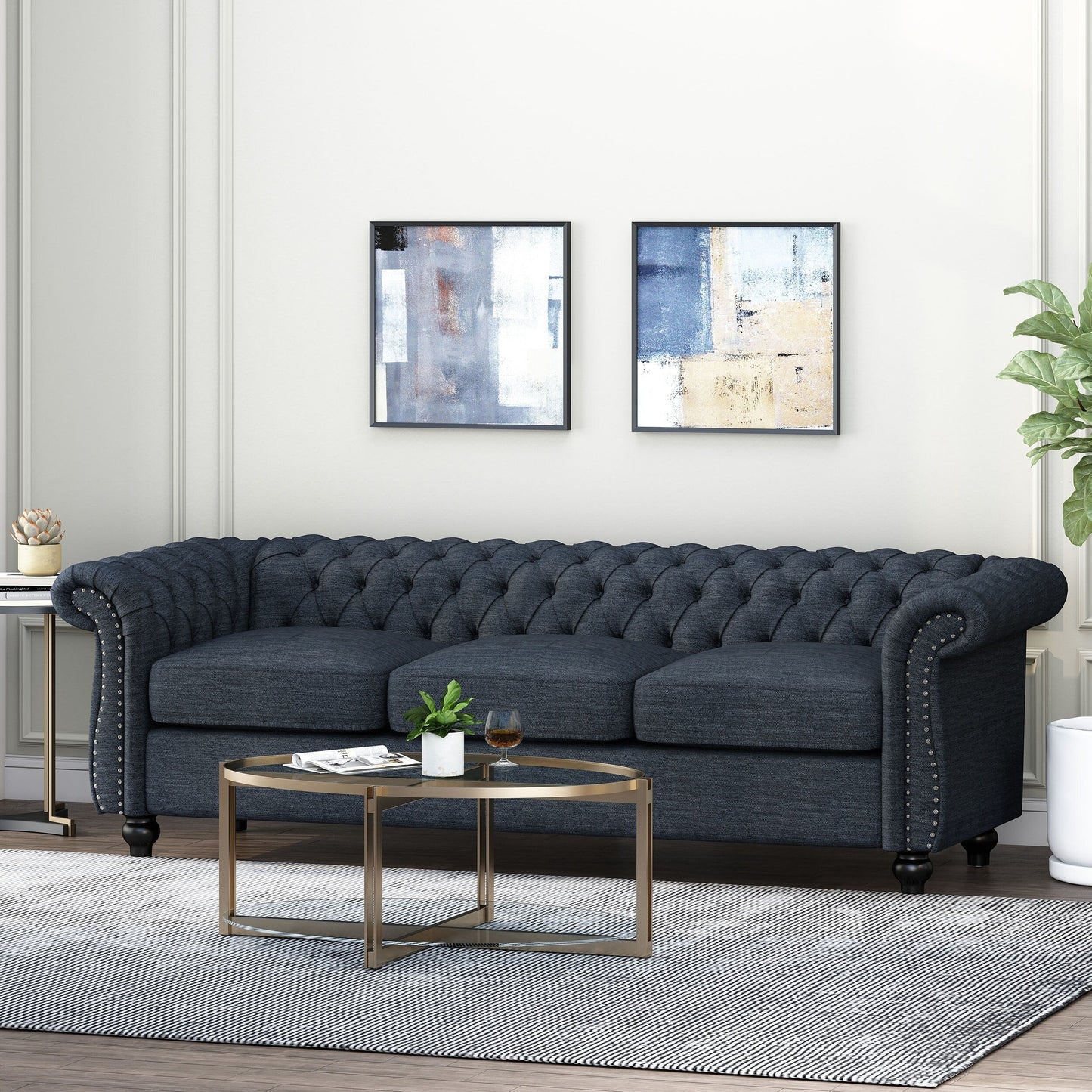 Navy Blue Chesterfield Button Tufted 3-seater Sofa with Nailheads