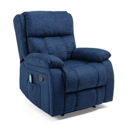 Navy Blue Fabric Massage Manual Recliner with Massage, Lumbar Heating, Side Pockets