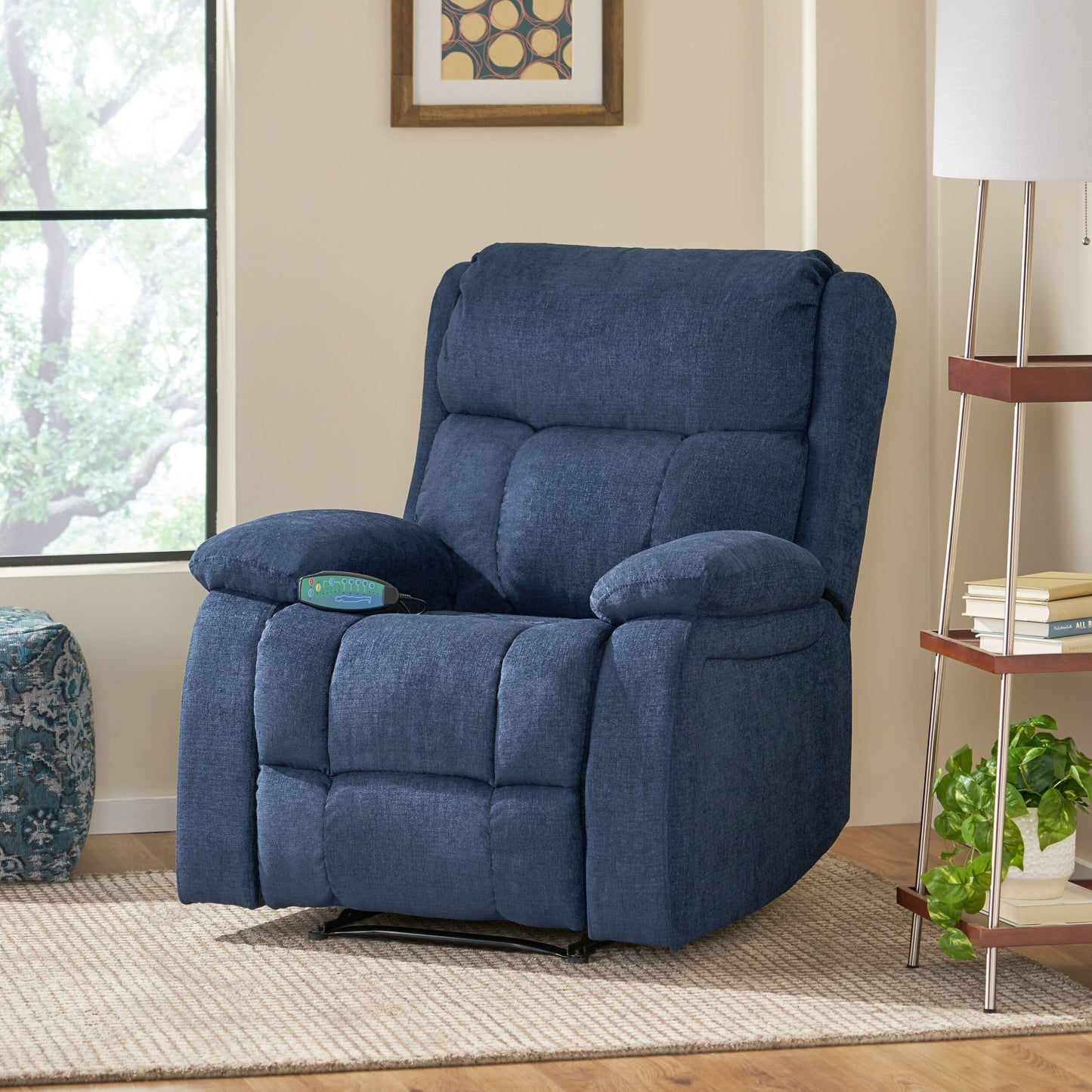 Navy Blue Fabric Massage Manual Recliner with Massage, Lumbar Heating, Side Pockets
