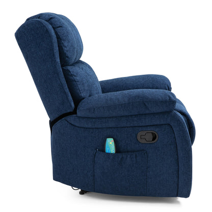 Navy Blue Fabric Massage Manual Recliner with Massage, Lumbar Heating, Side Pockets