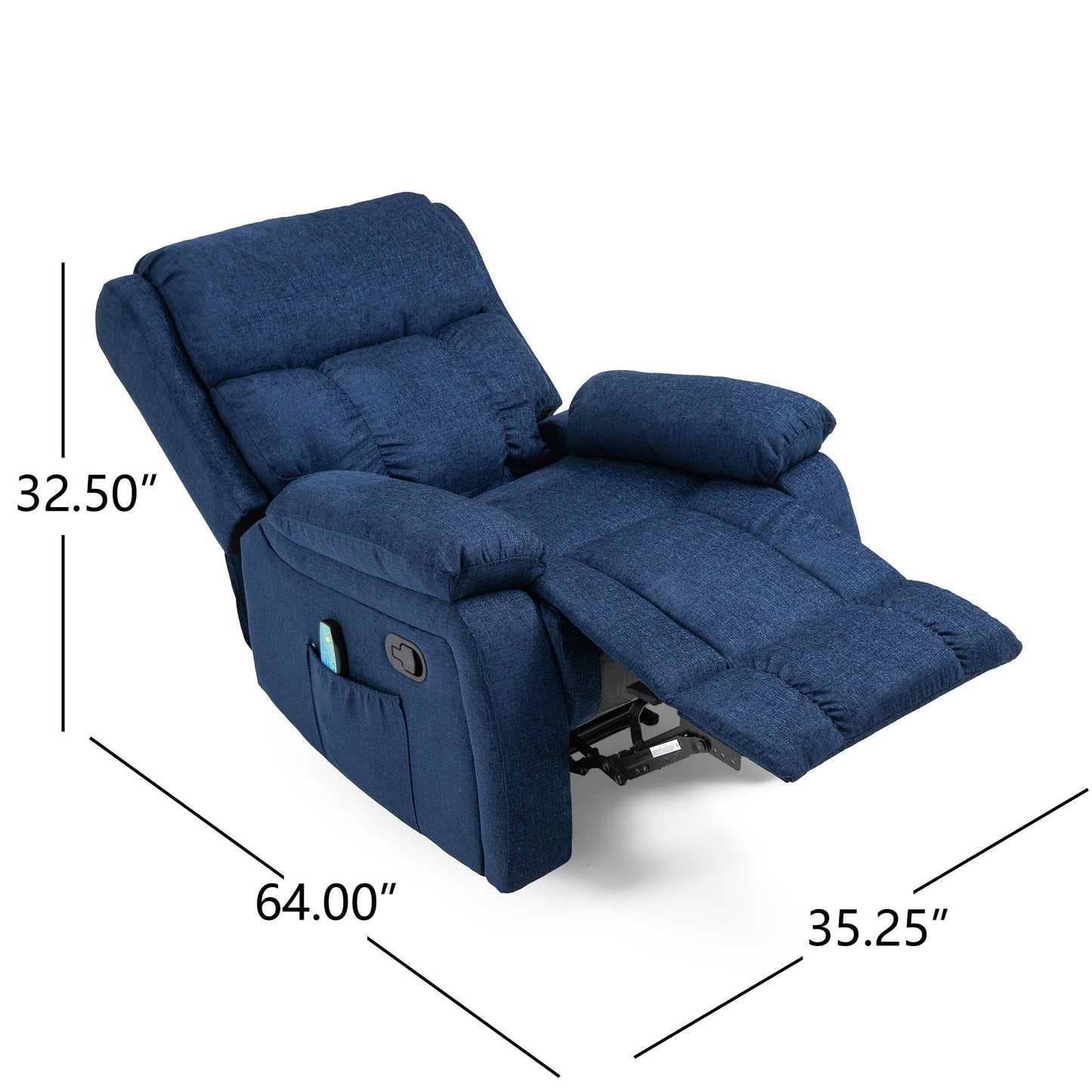 Navy Blue Fabric Upholstered Massage Manual Recliner with Massage, Lumbar Heating, and Side Pockets