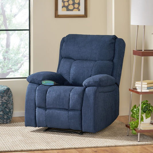 Navy Blue Fabric Upholstered Massage Manual Recliner with Massage, Lumbar Heating, and Side Pockets